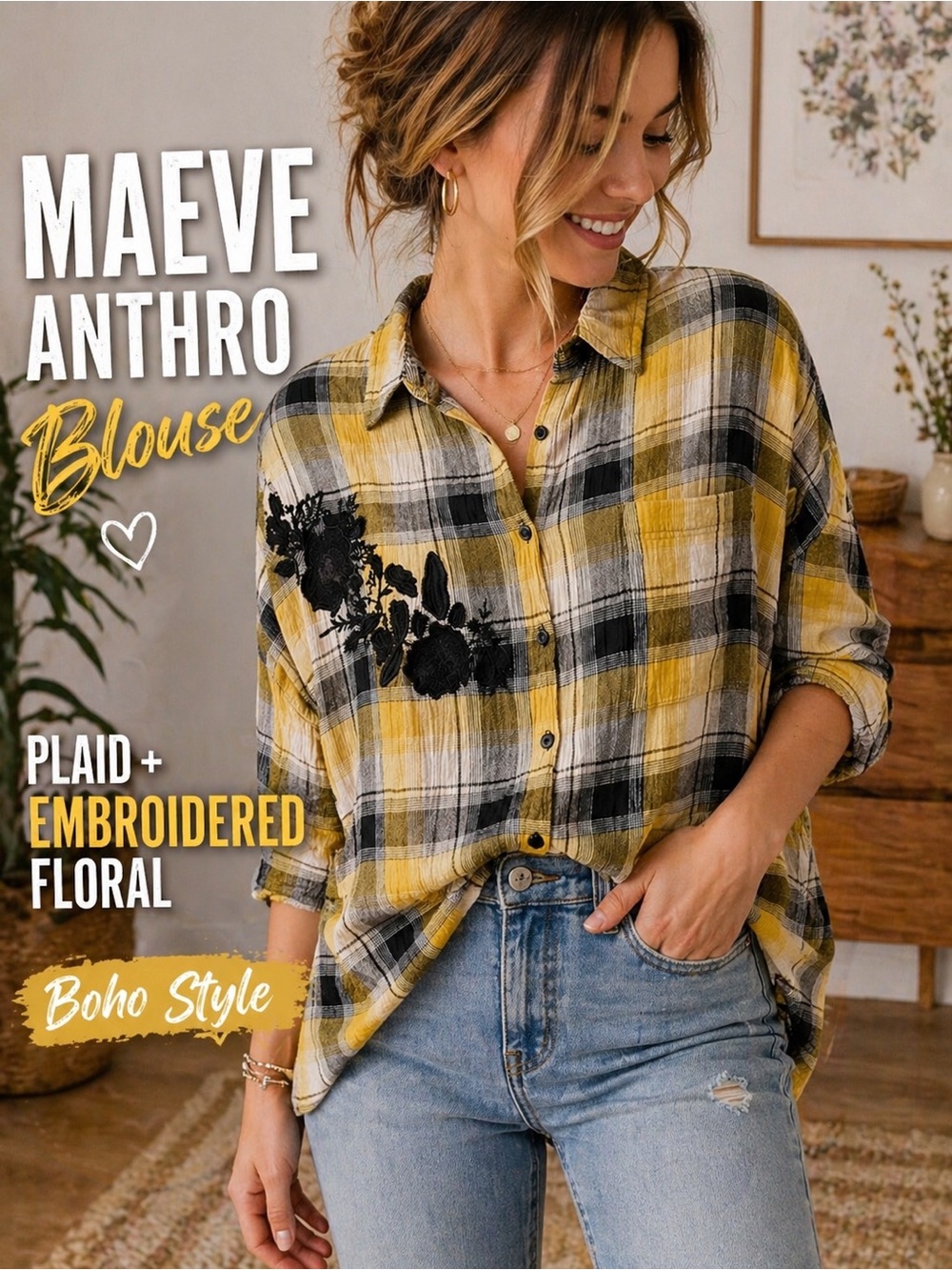 Maeve Anthropologie Plaid Blouse XS/S Yellow Black Embroidered Floral Boho